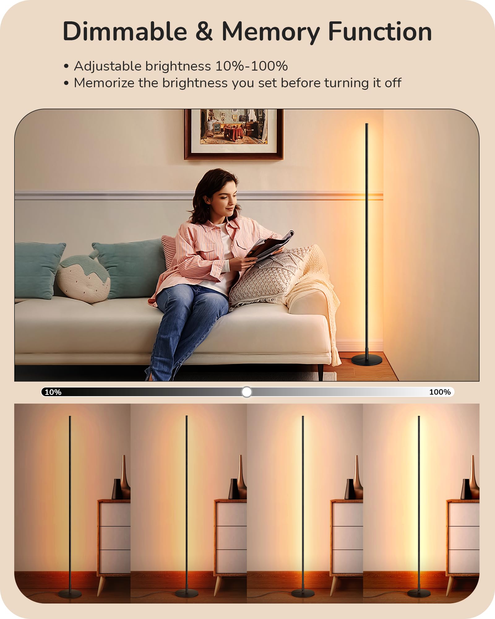 57.5-inch dimmable LED corner floor lamp with adjustable height, black