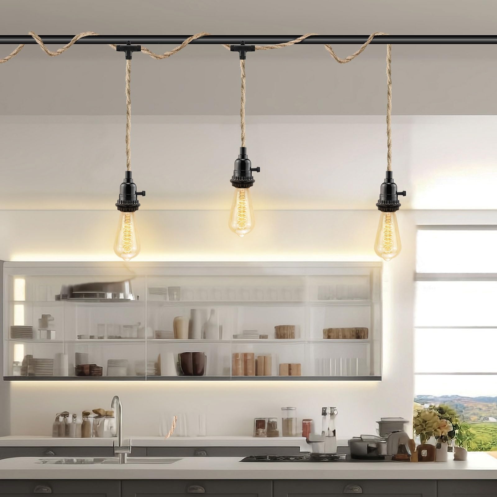 3-light plug-in pendant light kit, 25 ft hemp rope cord for decor