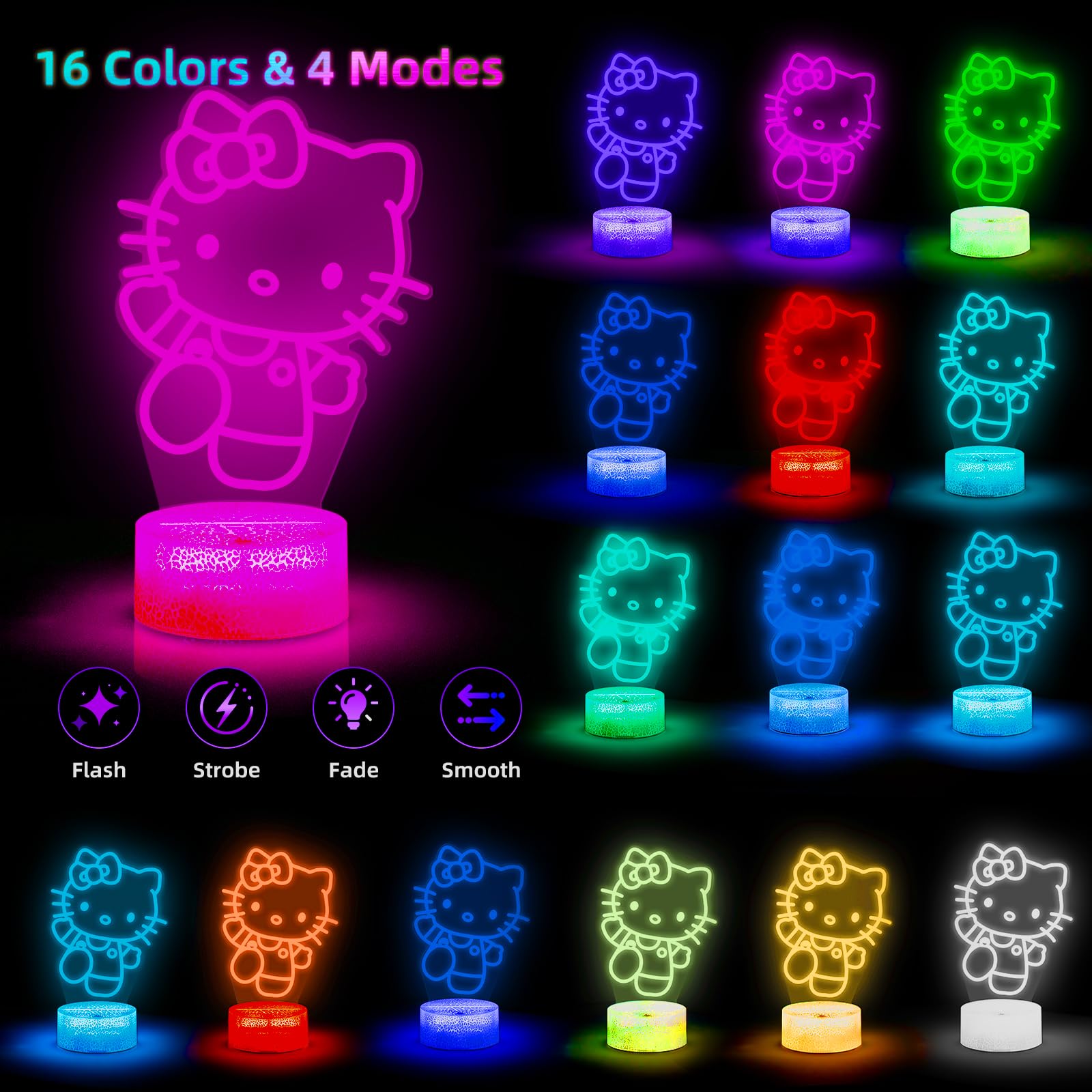 3D kitty LED night light with 16 color remote control for kids room