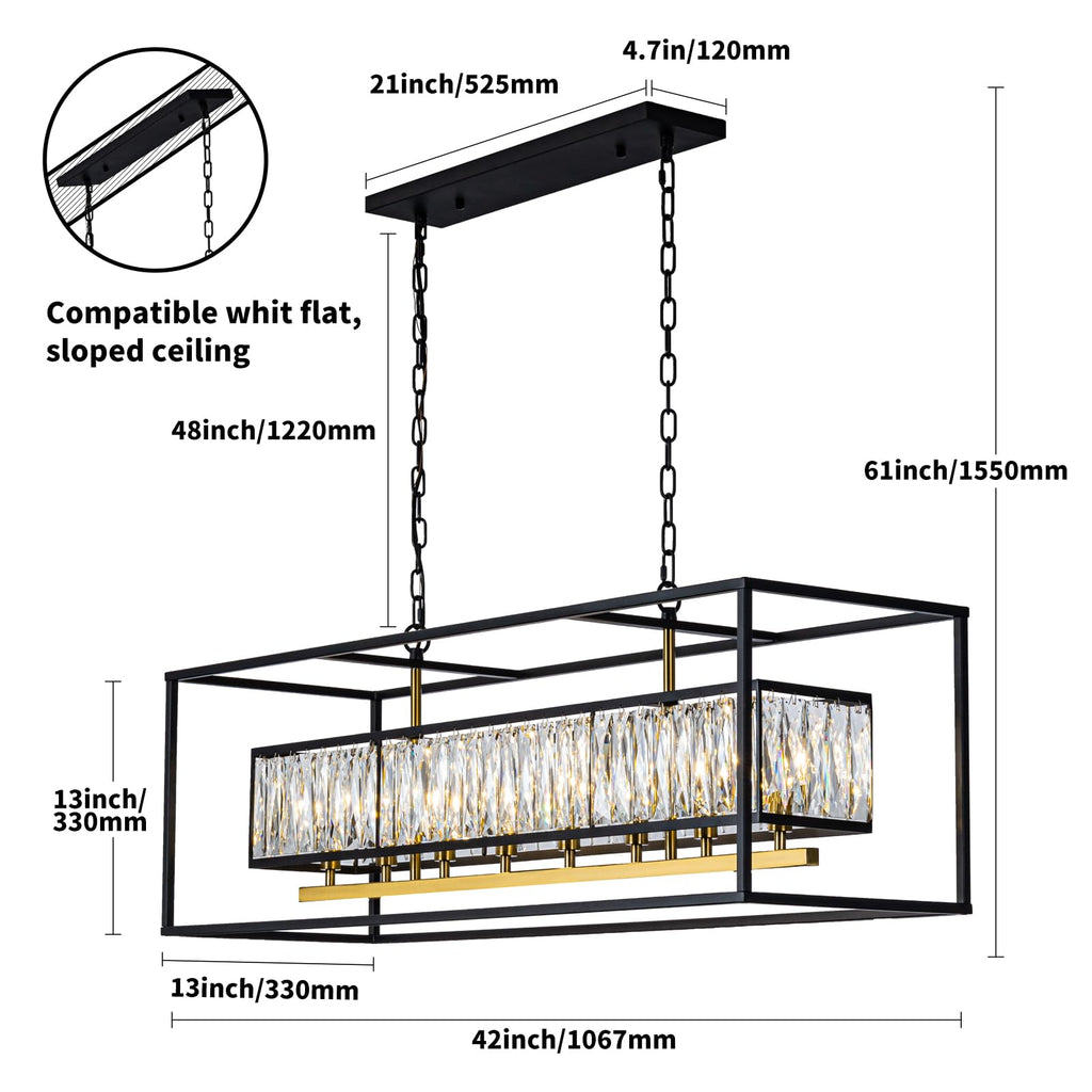 Large 8-Light Crystal Rectangle Chandelier, Black and Gold Decor