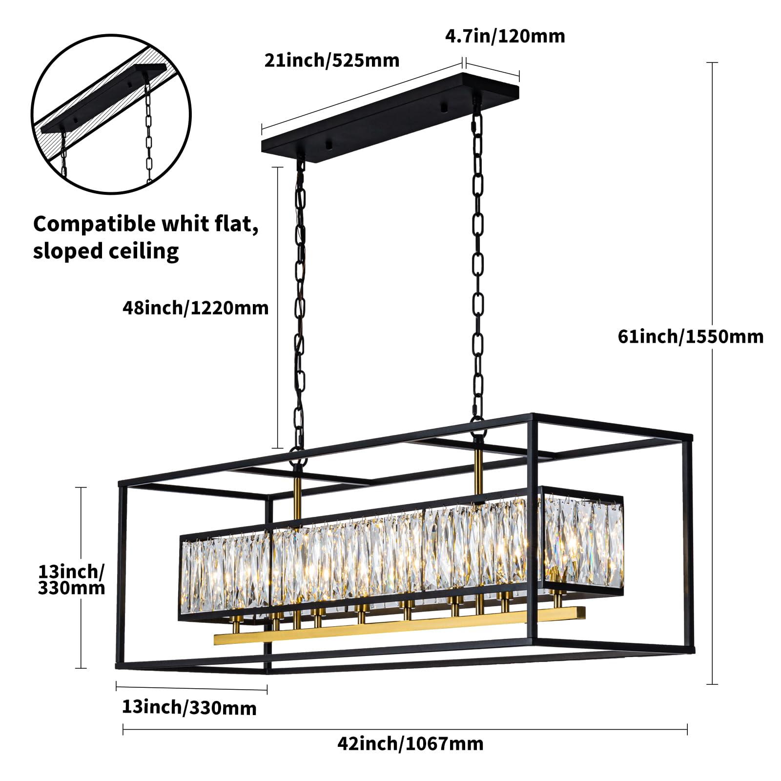 Large 8-Light Crystal Rectangle Chandelier, Black and Gold Decor