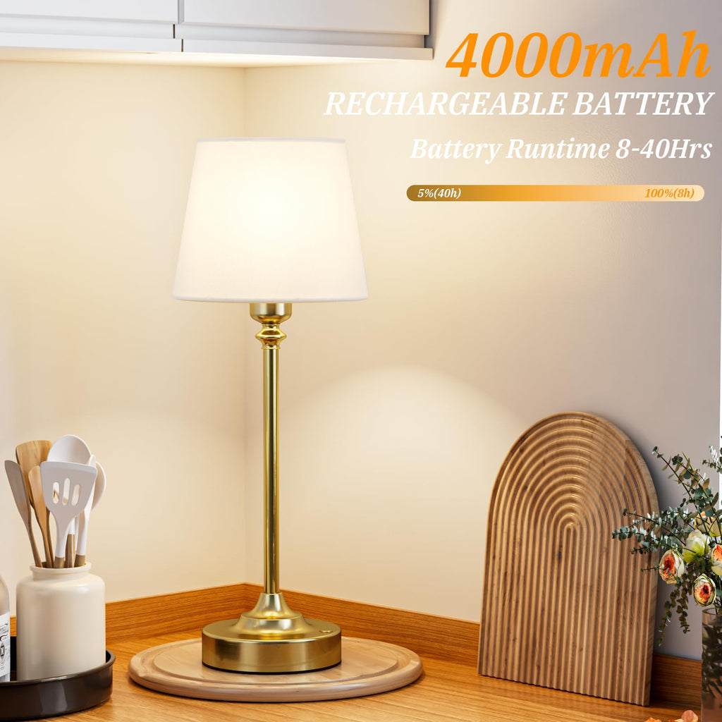 Cordless rechargeable brass table lamp, touch-control dimming
