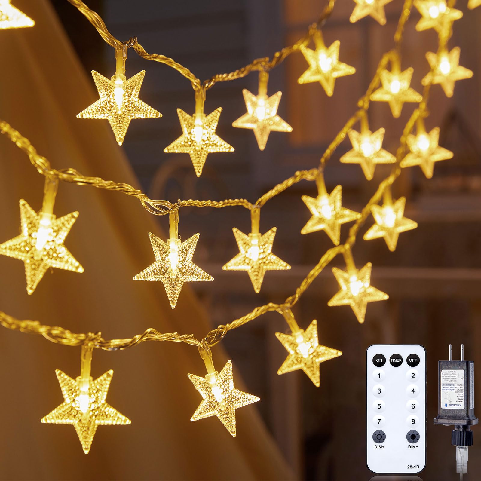 Warm white star string light, 33 ft, 100 LED, plug-in with timer