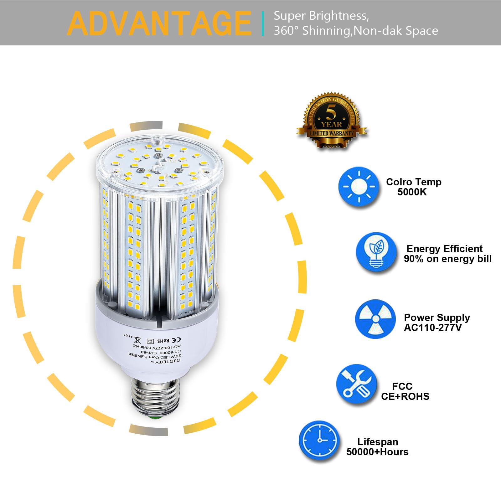 1-Pack 300W Equivalent LED Corn Bulb – 5000LM, 30W, 5000K Daylight, E26/E27 Base for Garage & Warehouse