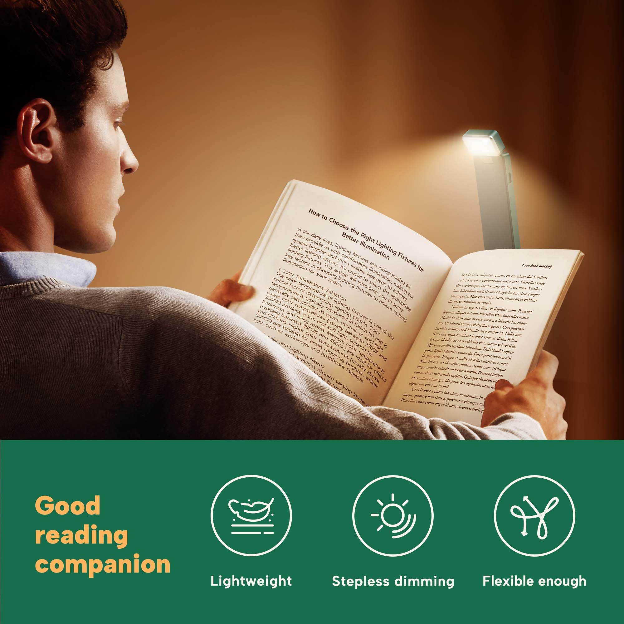 86lux Rechargeable LED Book Light Clip-On – 3 Amber Colors, Stepless Dimming, Ultralight for Bedtime Reading