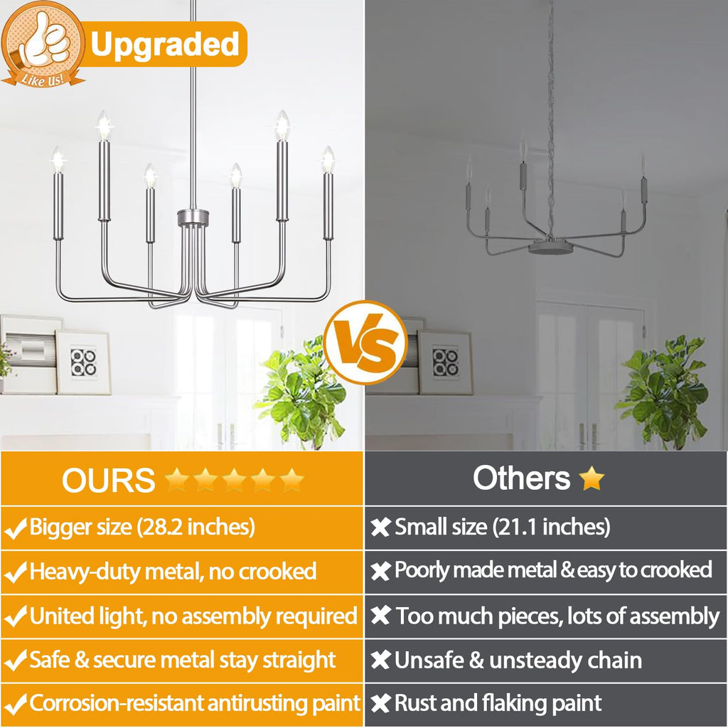 6-light brushed nickel farmhouse chandelier for dining room and hall decor