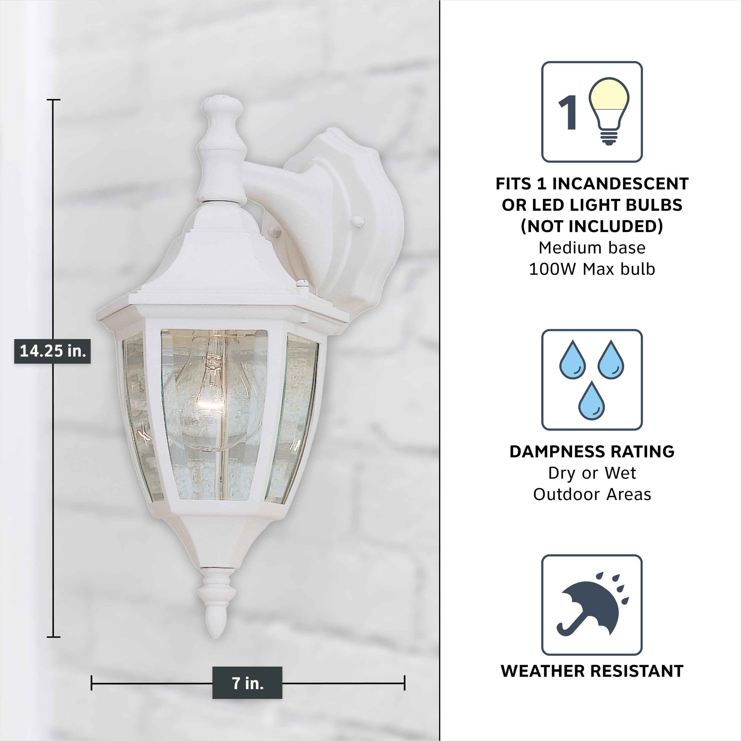 Designers Fountain 14.25" Outdoor Wall Lantern Sconce – Waterbury White Exterior Light Fixture for Front Door, Patio & Porch