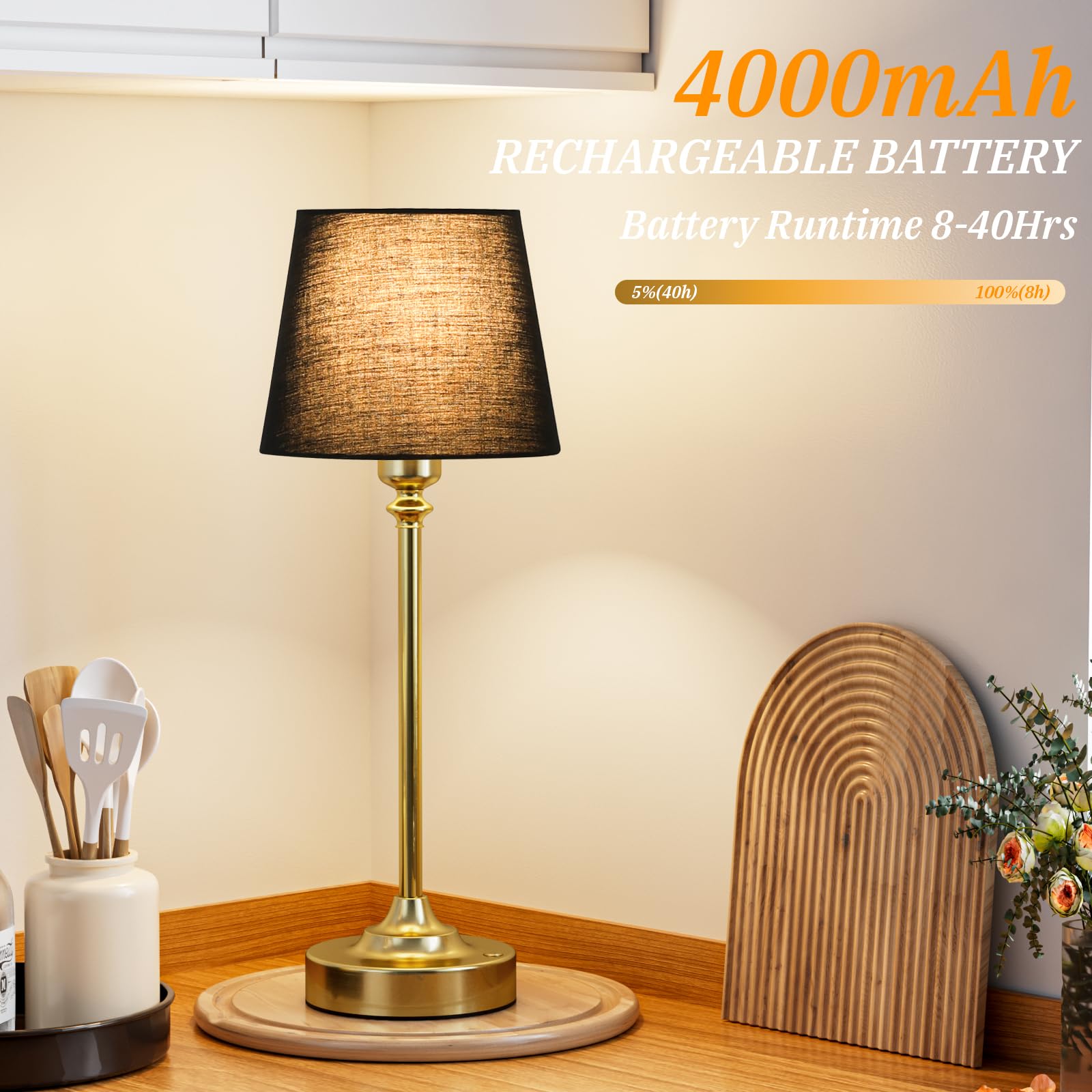 2-Pack Cordless Table Lamps Rechargeable – 4000mAh Battery, Brass Touch Dimming, 3000K Warm Light for Bedroom & Dining Room