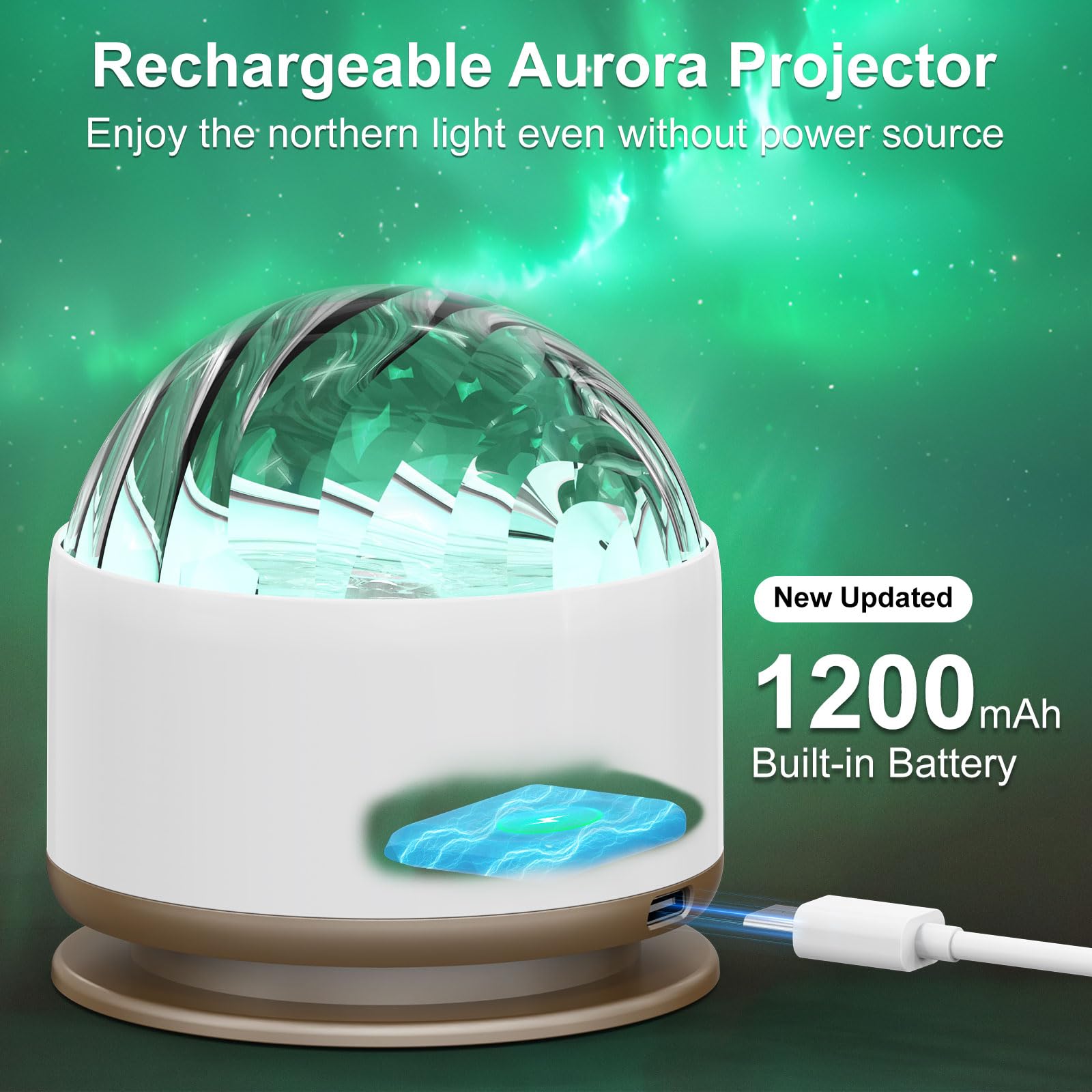 Battery-operated aurora night light projector with 16-color ocean wave effect
