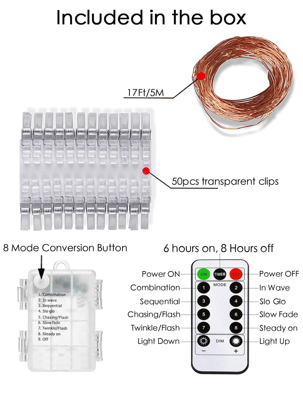 Photo clip string light, 17 ft, 50 LED with remote, 8 modes