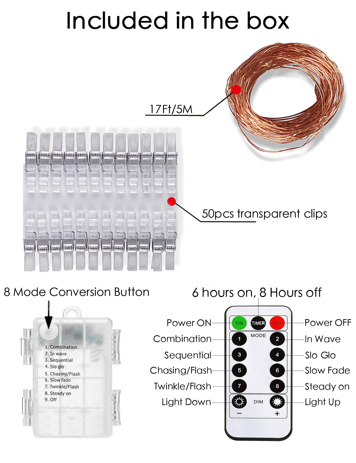 Photo clip string light, 17 ft, 50 LED with remote, 8 modes