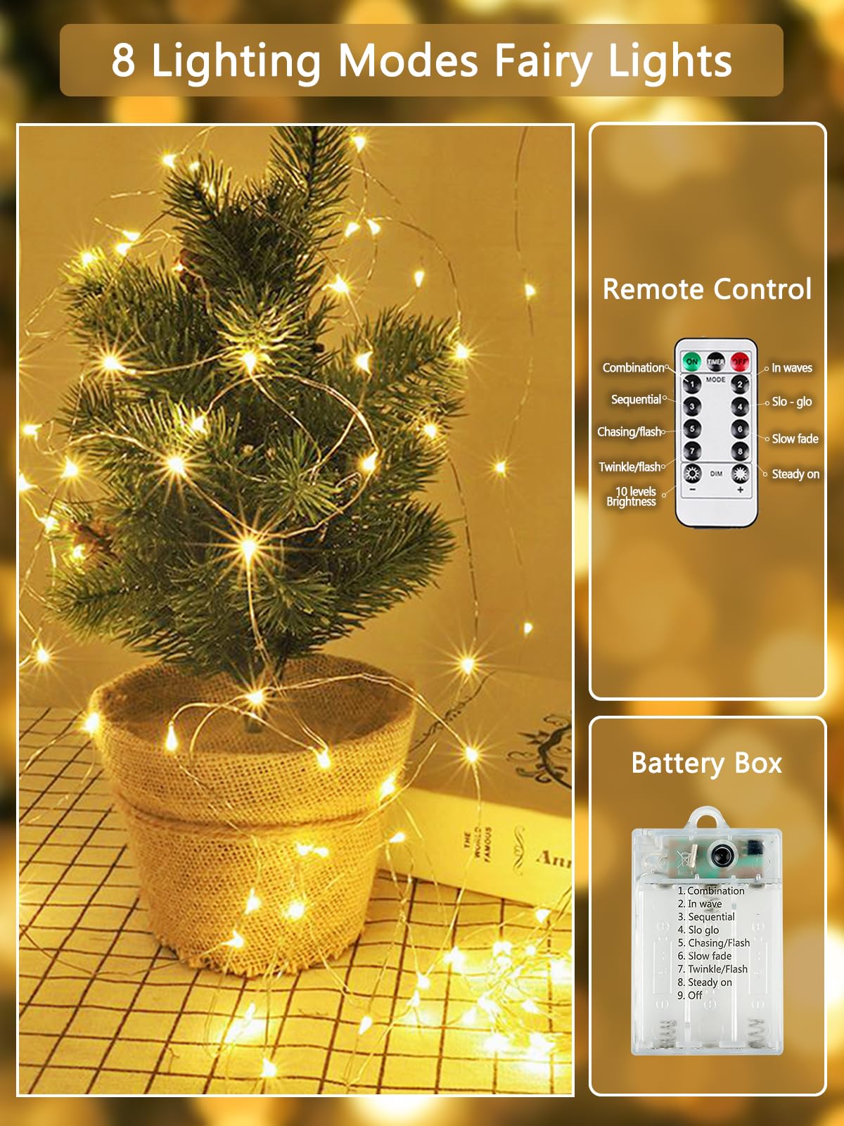 3-pack 78 ft battery string lights, 240 LED with remote and 8 modes