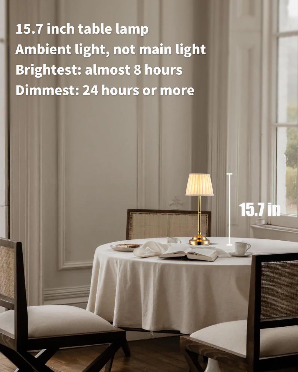 Cordless fabric shade table lamp, dimmable rechargeable, gold