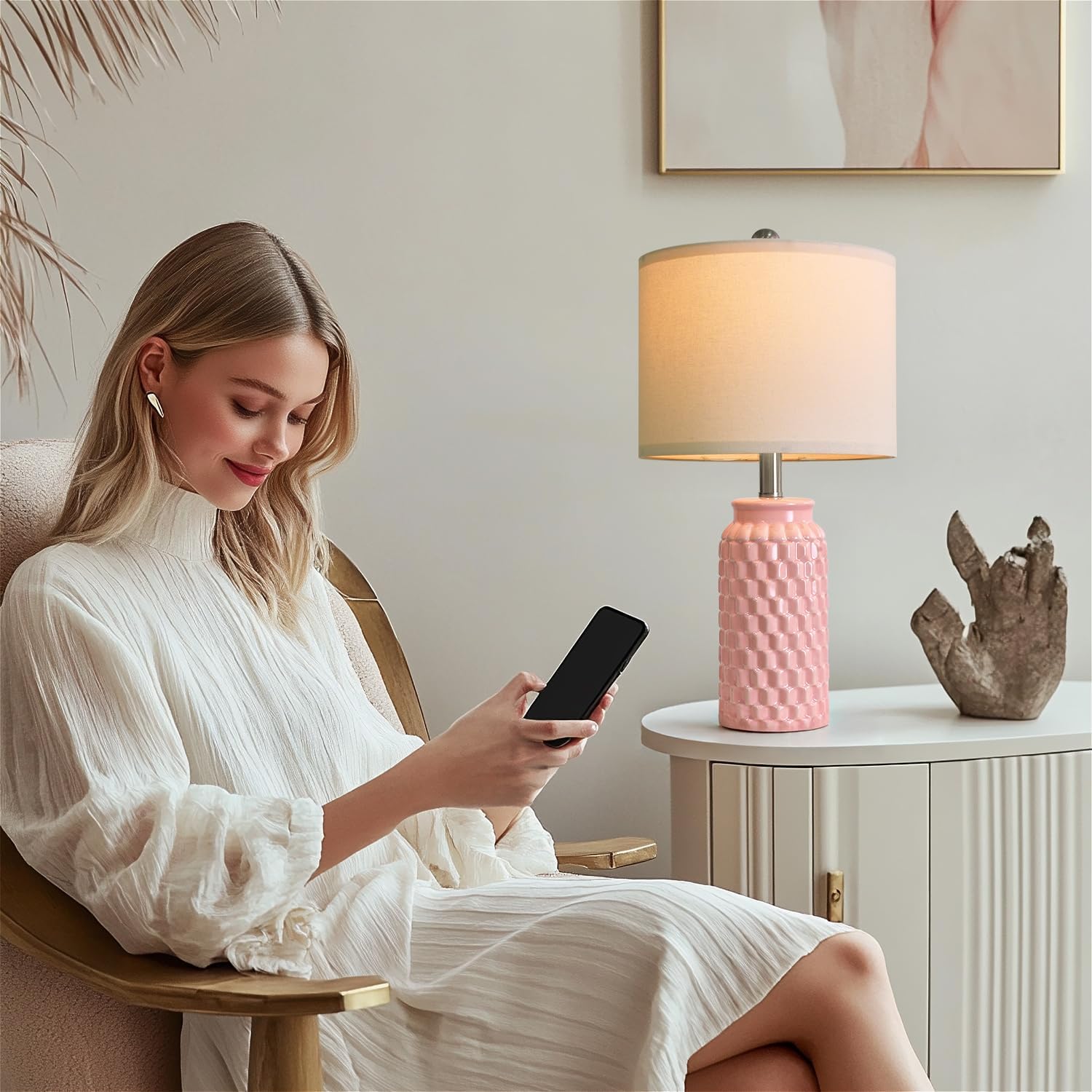 20.5-inch pink ceramic table lamp set, farmhouse bedside style