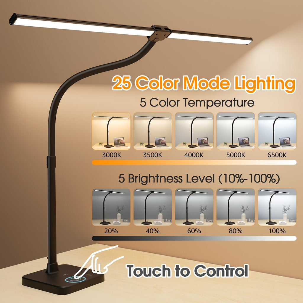 ShineTech LED Desk Lamp – 24W Double Head with Wireless Charging, USB Port, 25 Lighting Modes for Home Office