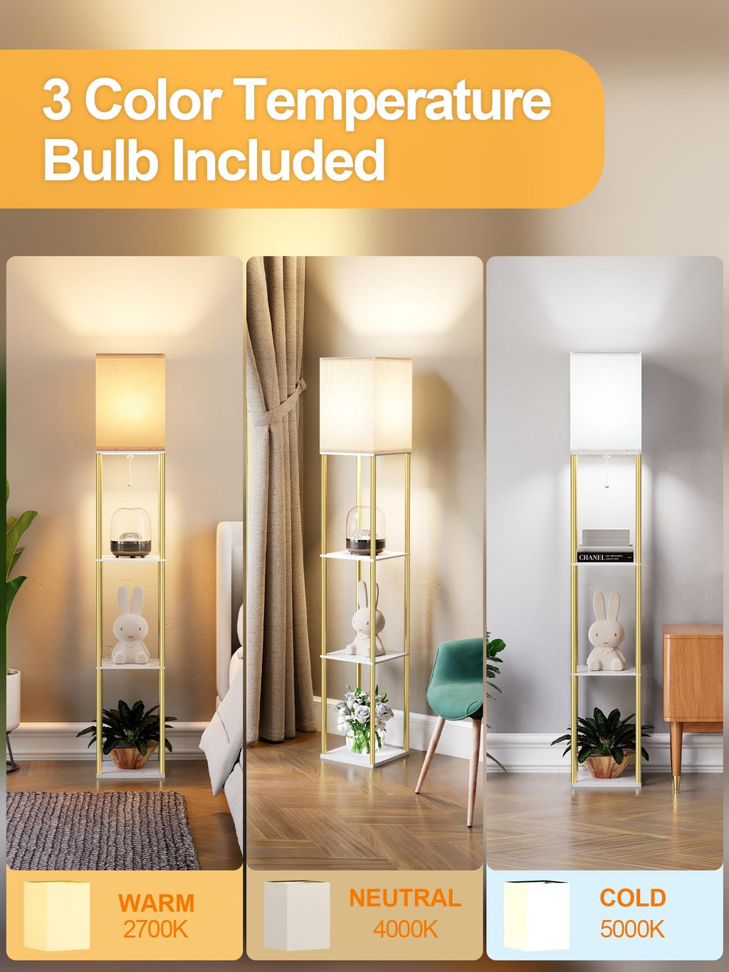 Corner floor lamp with shelves and linen shade for living room