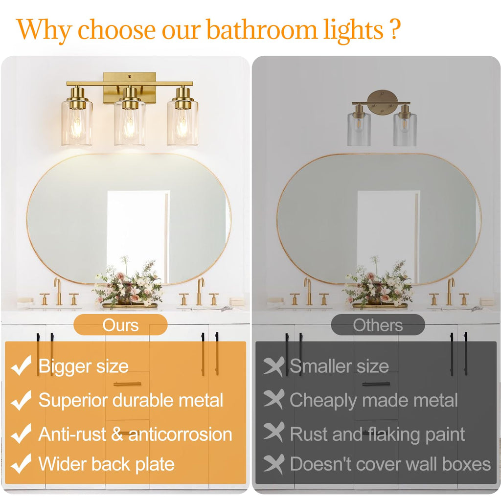 Brushed gold 3-light bathroom vanity fixture for home decor