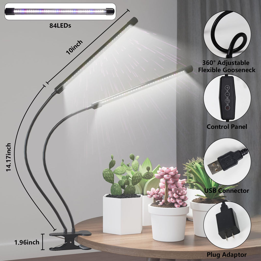 GHodec 80W LED Grow Light Full Spectrum – 84 LEDs, Clip-On, Timer 4/8/12H, 5 Dimmable Levels for Indoor Plants