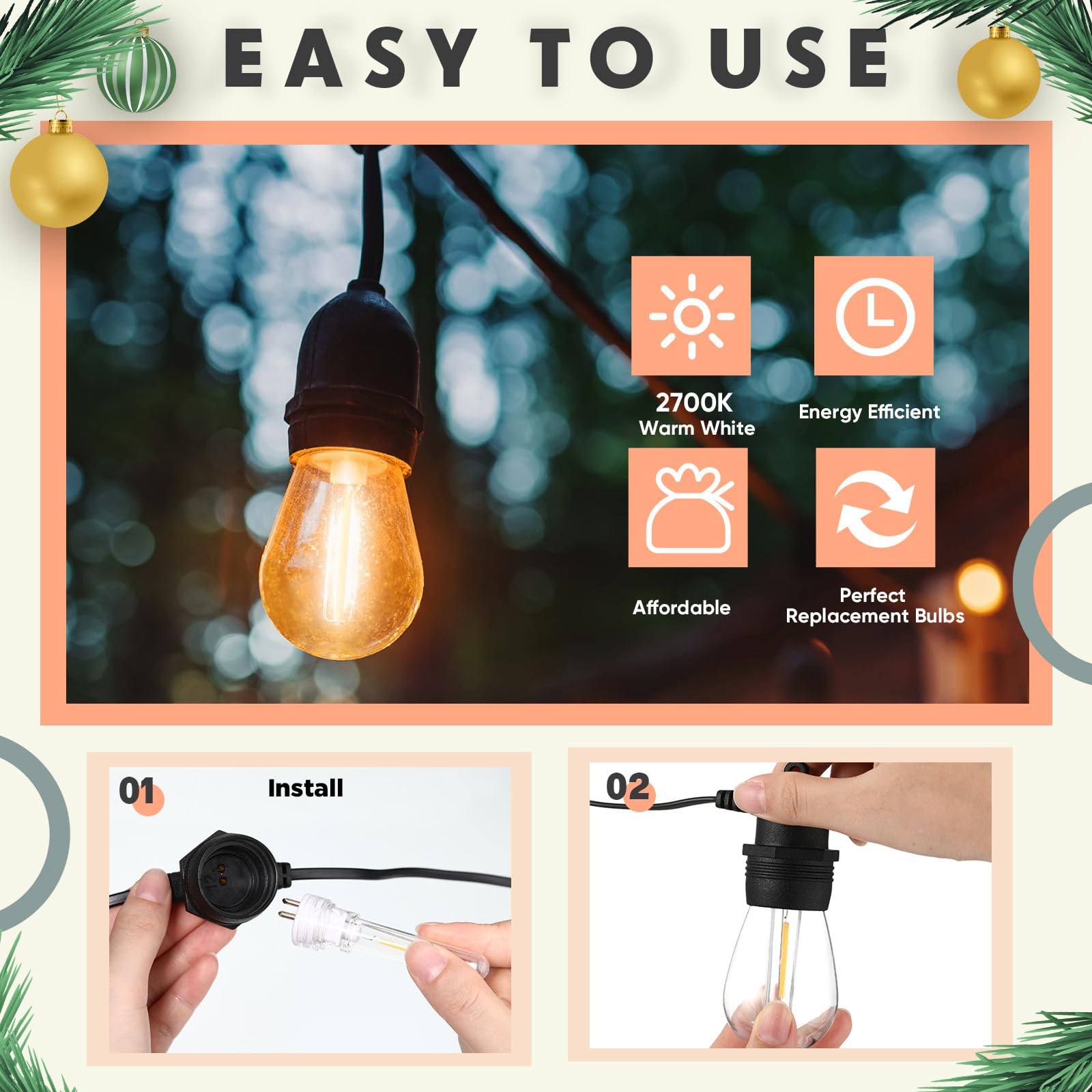 24-Pack S14 LED String Light Bulbs – 1.5W, 2700K Warm White, Waterproof, 2-Prong for Outdoor Patio Lights