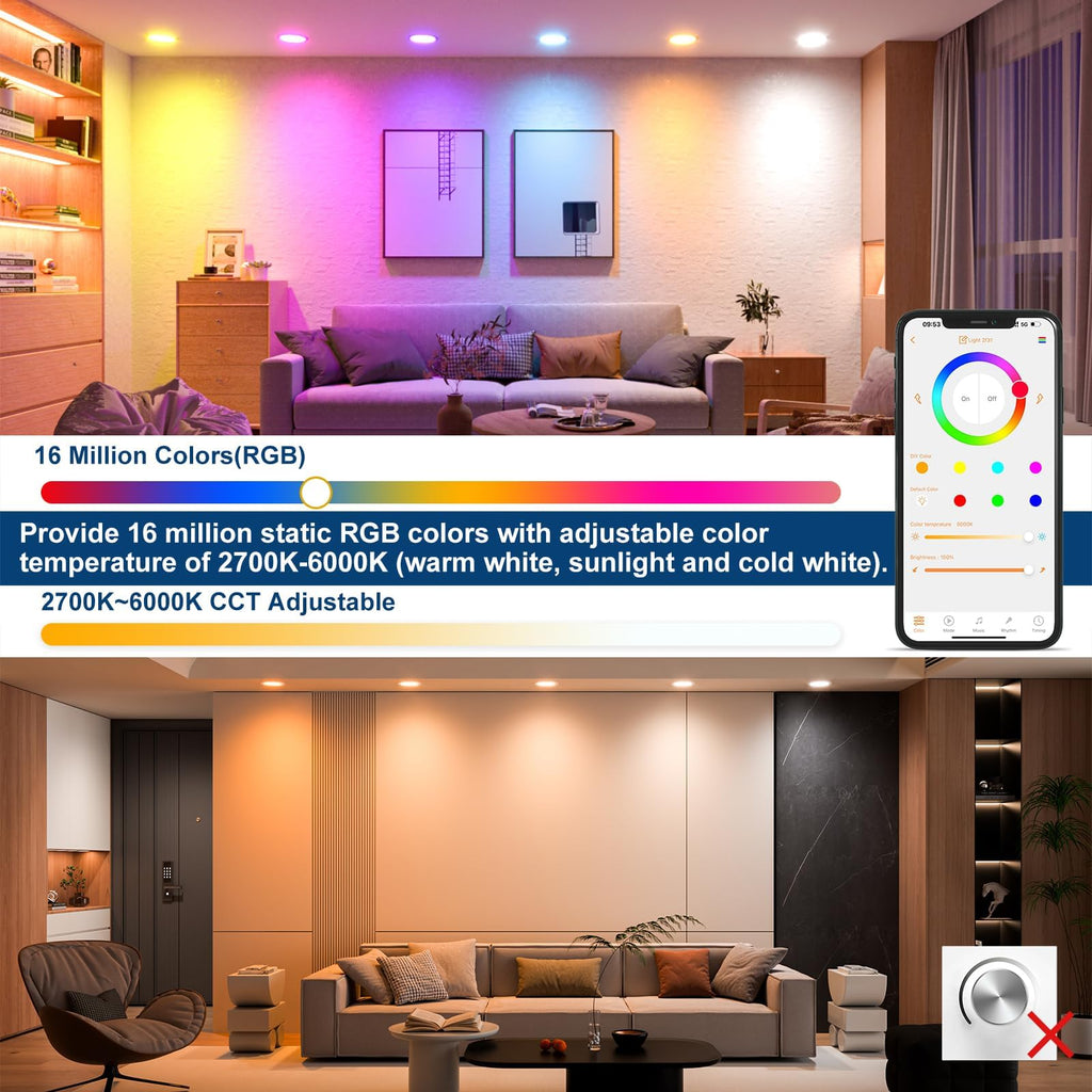 6-Pack Smart Recessed LED Lights 6 Inch – RGBCW Color Changing, 16W 1350LM, Dimmable Bluetooth & Alexa Compatible for Ceiling Installation