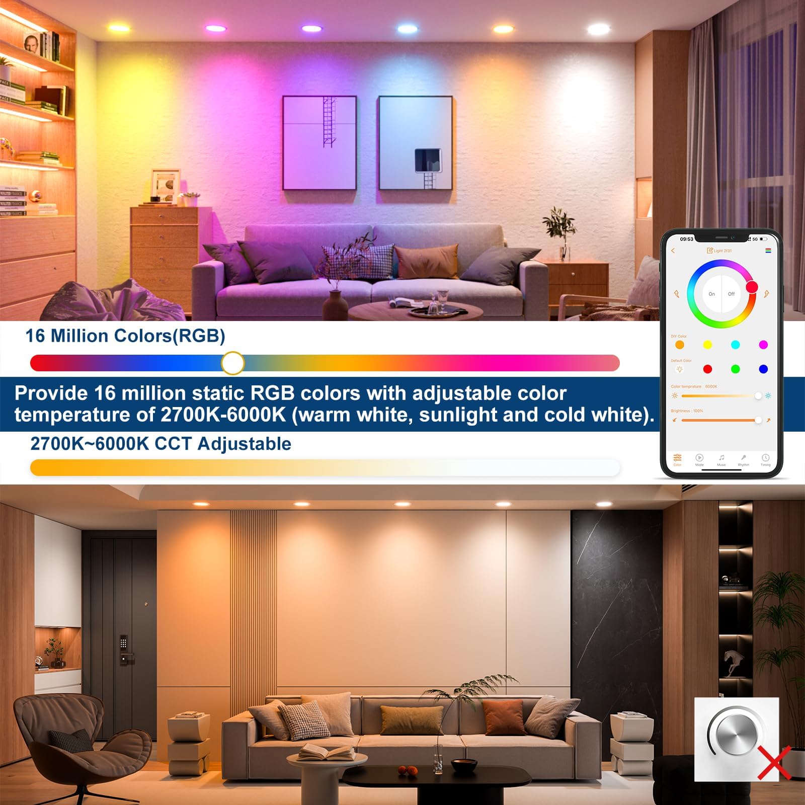 6-Pack Smart Recessed LED Lights 6 Inch – RGBCW Color Changing, 16W 1350LM, Dimmable Bluetooth & Alexa Compatible for Ceiling Installation