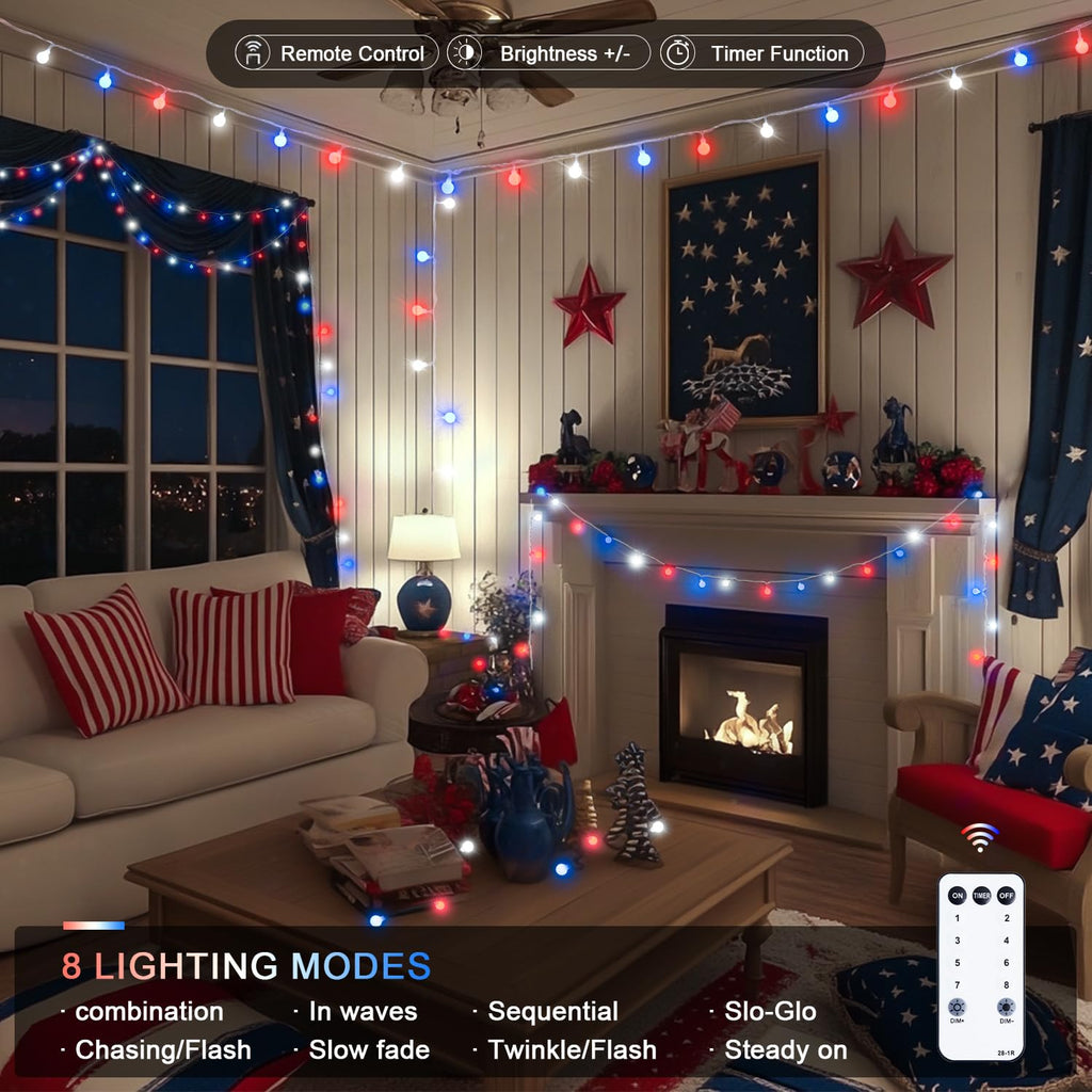 Patriotic red-white-blue globe string light, 100 LEDs with remote