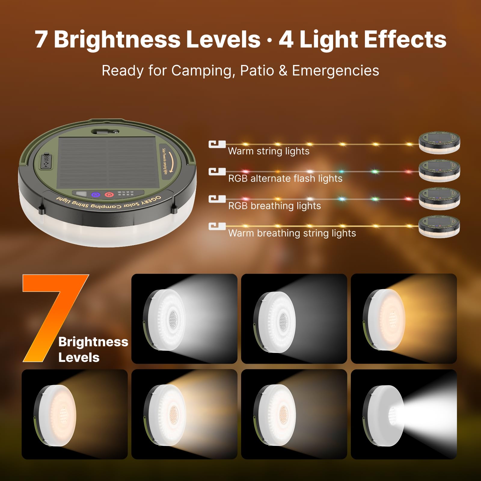 Rechargeable solar outdoor string lights, 49.2Ft with 11 lighting modes