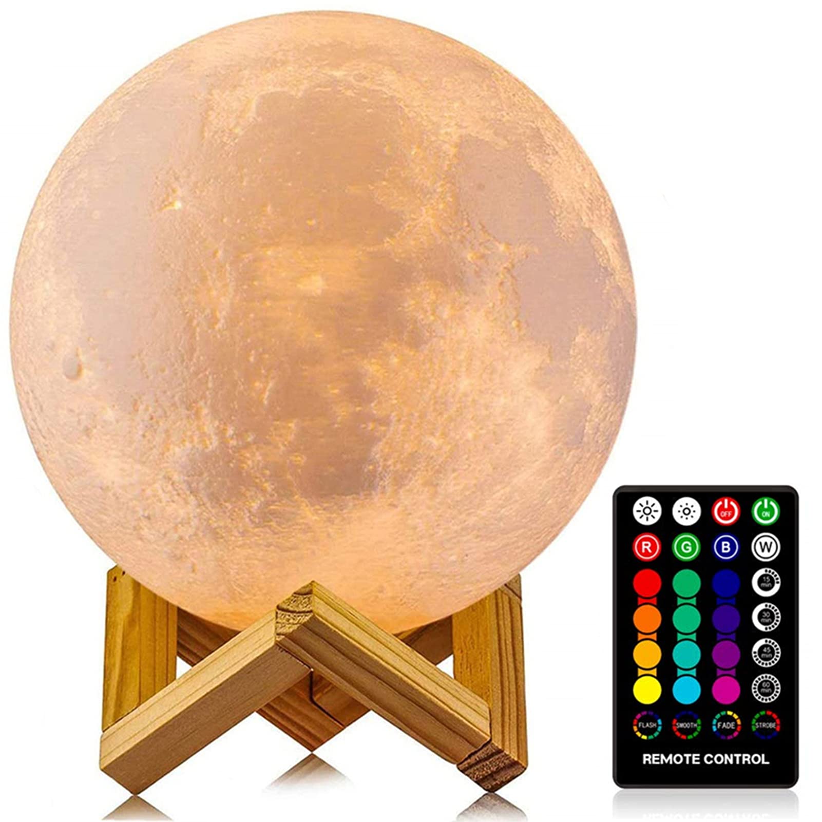 3D-printed moon night light with 16 color LED modes and stand