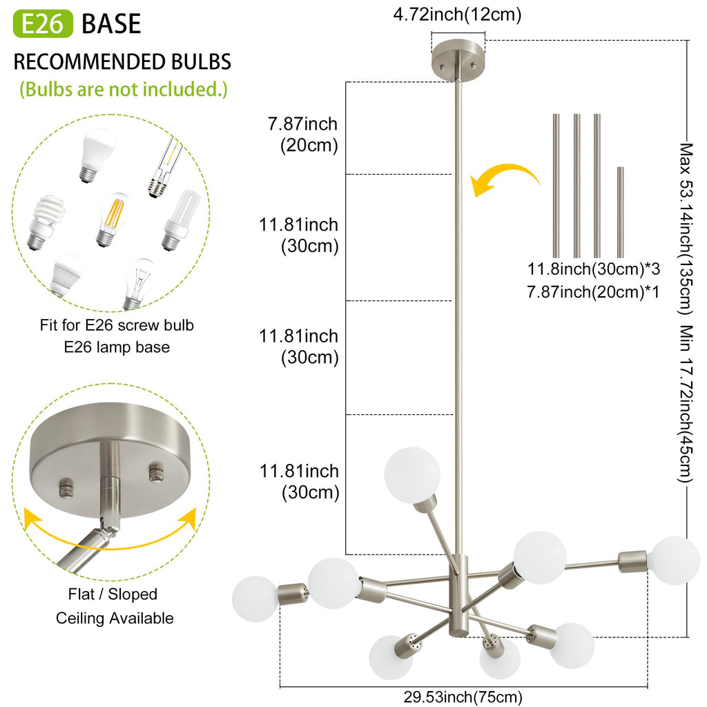 Brushed Nickel 8-Light Sputnik Chandelier for Mid-Century Decor