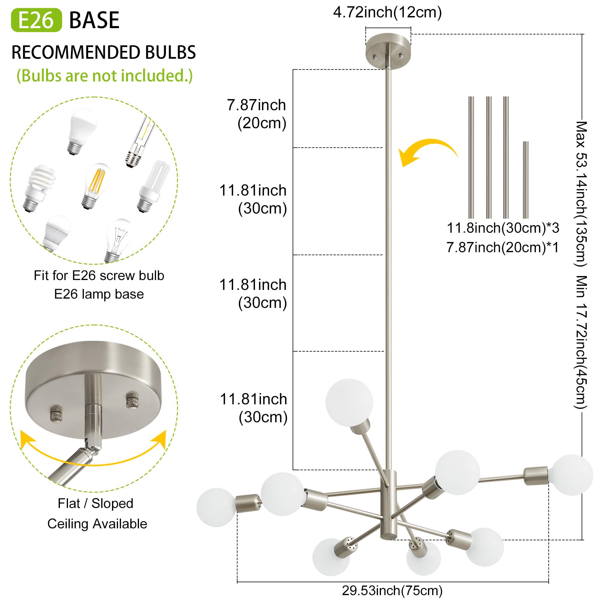 Brushed Nickel 8-Light Sputnik Chandelier for Mid-Century Decor