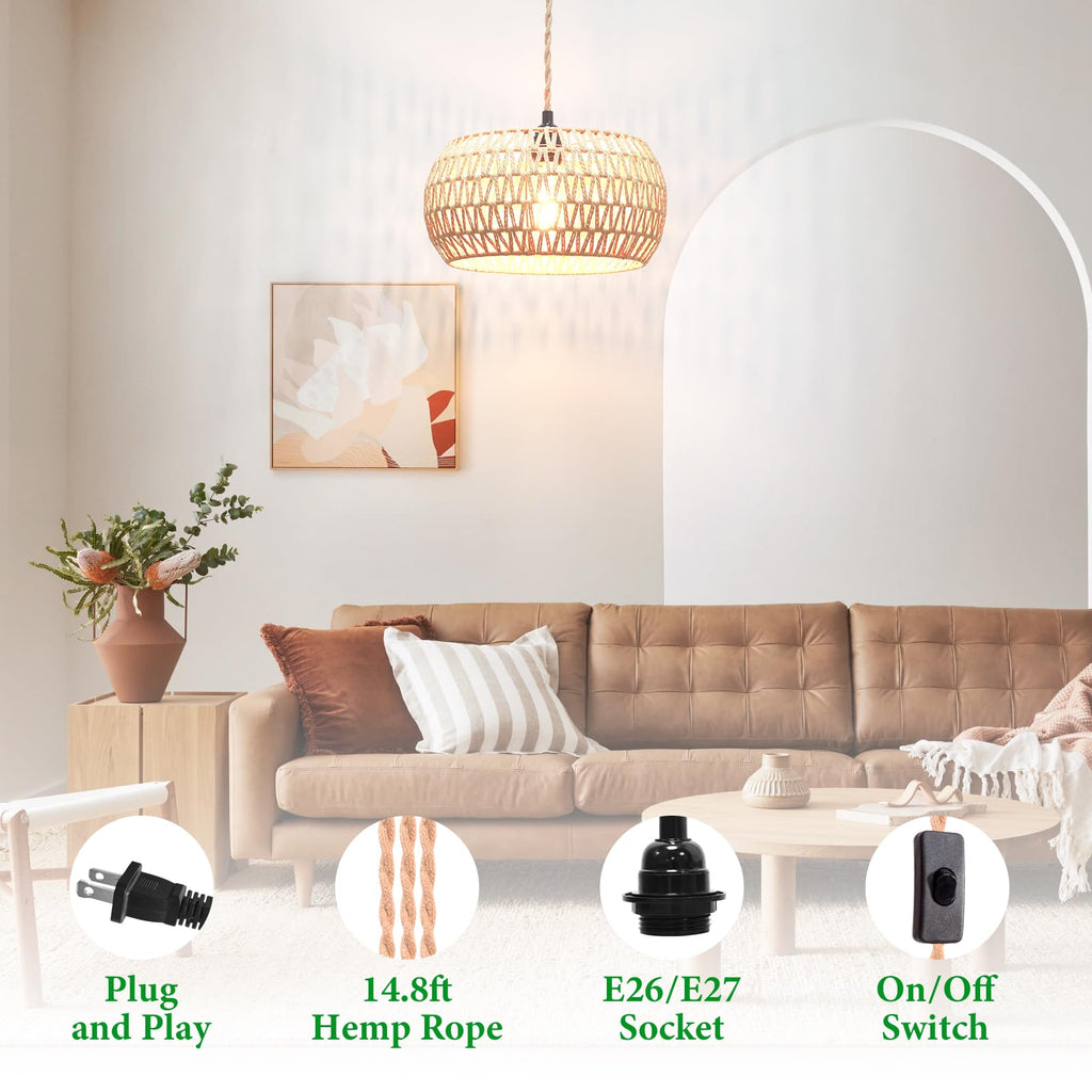 Rattan Woven Shade Plug-In Pendant Light for Farmhouse Decor