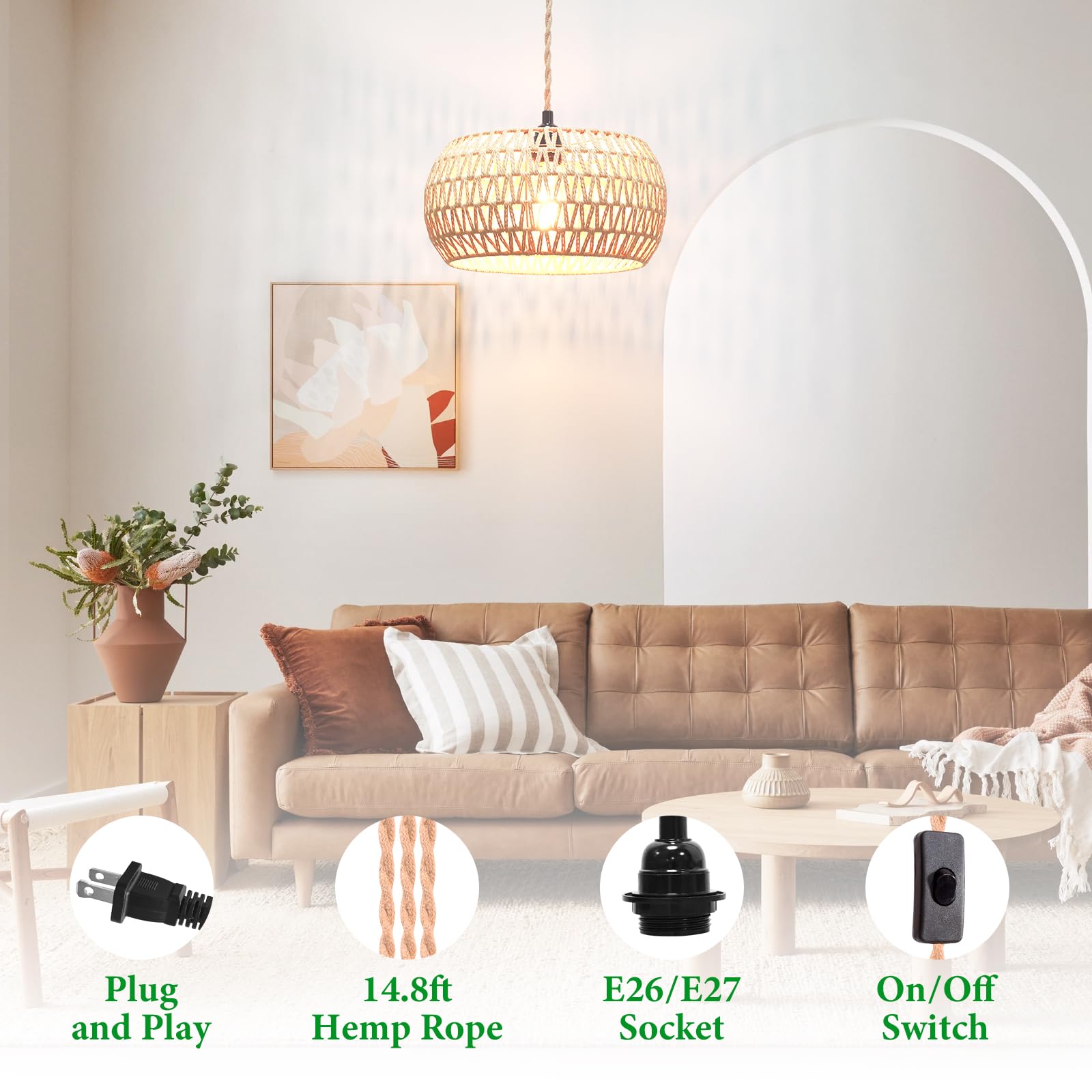 Rattan Woven Shade Plug-In Pendant Light for Farmhouse Decor