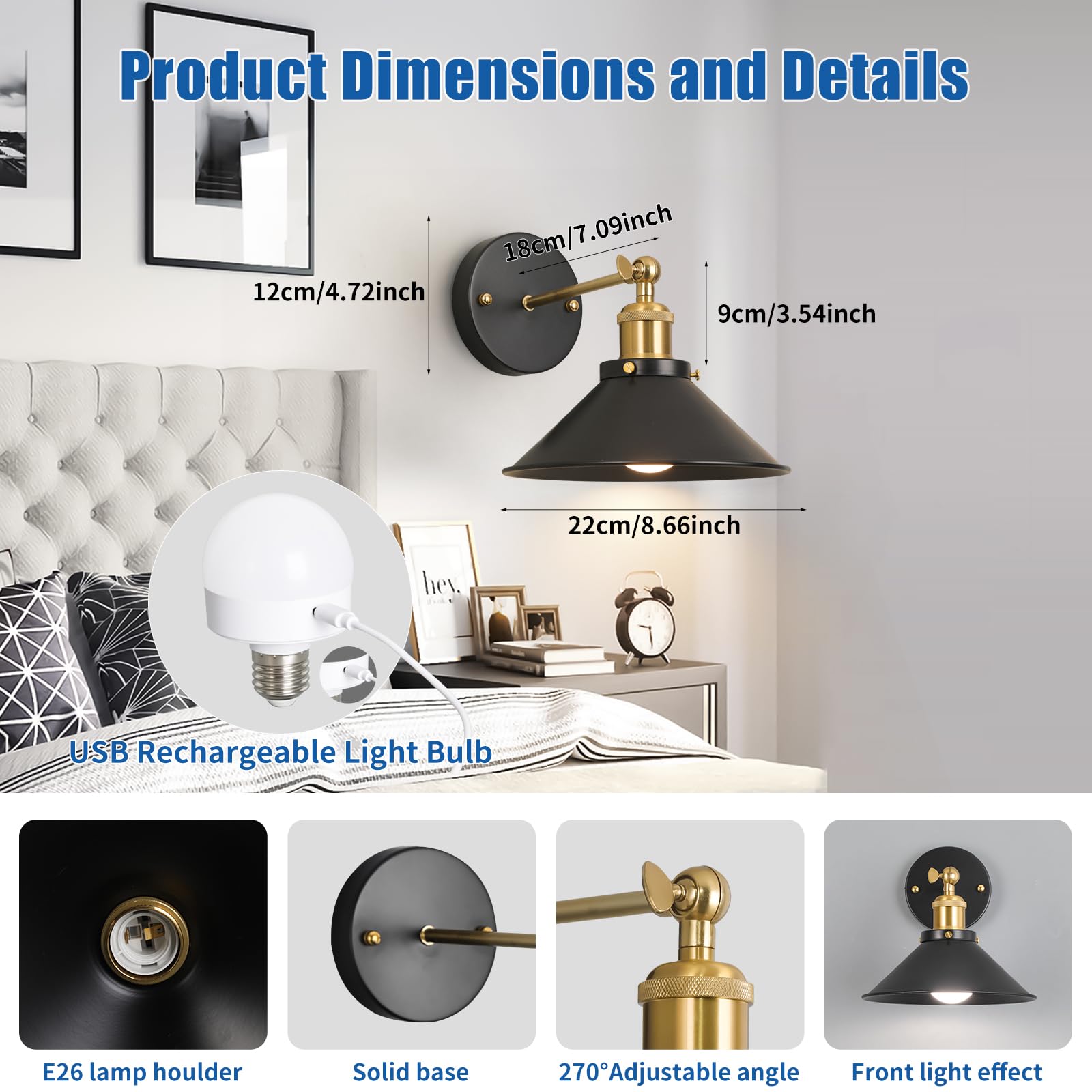 Black and gold cordless rechargeable wall sconce set for home decor