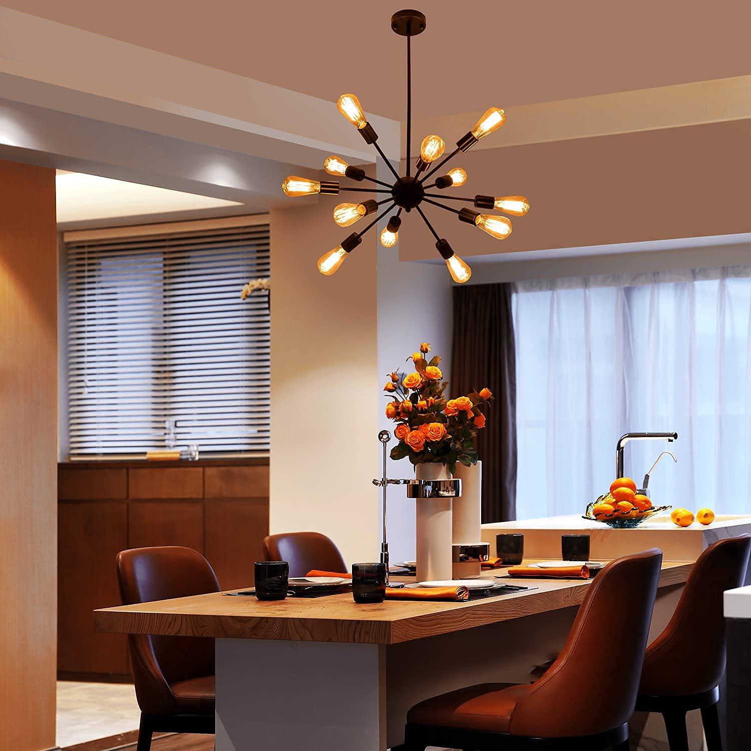 Black 12-Light Sputnik Farmhouse Chandelier for Home Decor