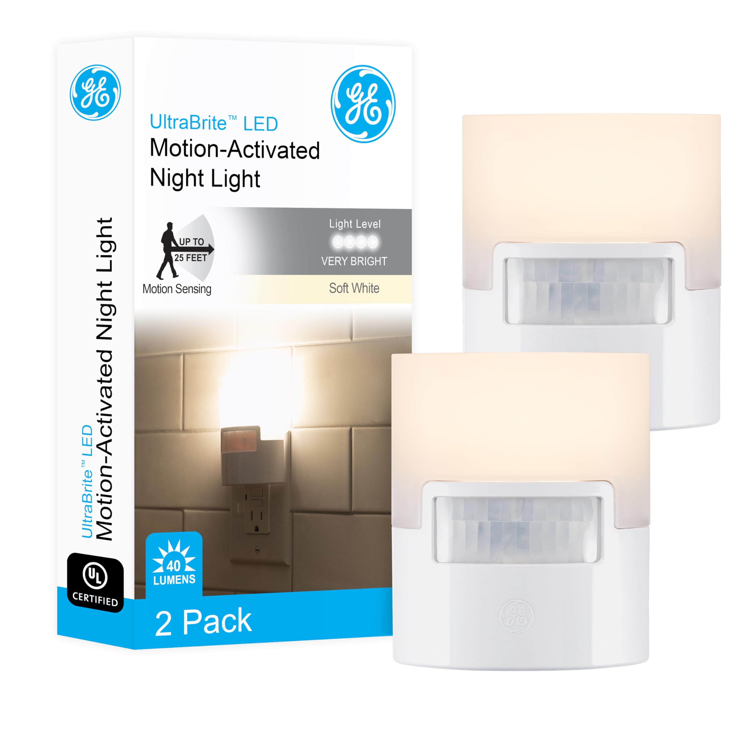 Plug-in LED motion sensor night light, soft white, UL-certified, 2-pack