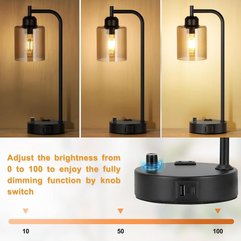 Industrial nightstand lamp set of 2 with amber glass shade