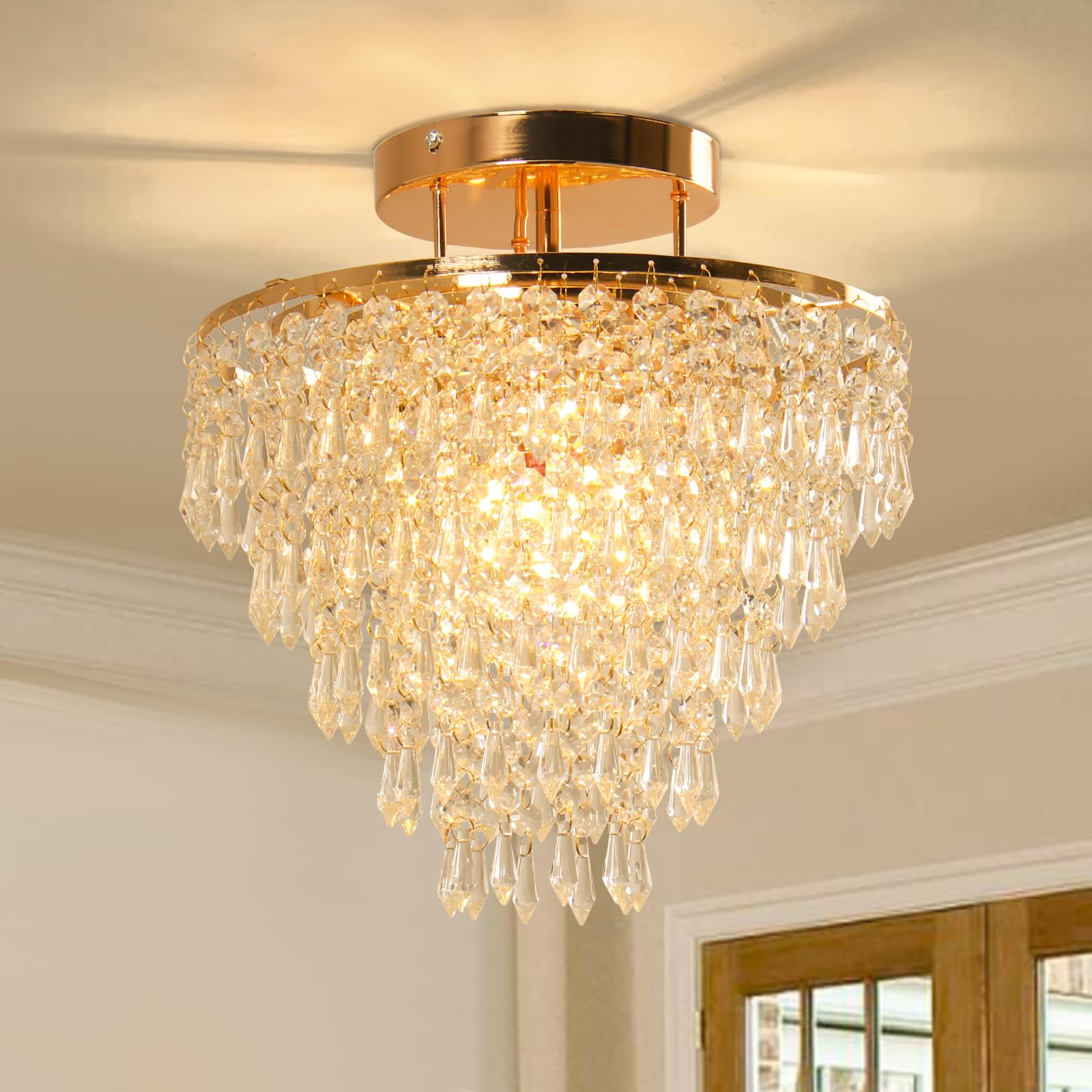 Gold Crystal 5-Tier Flush Mount Chandelier for Bedroom Decor