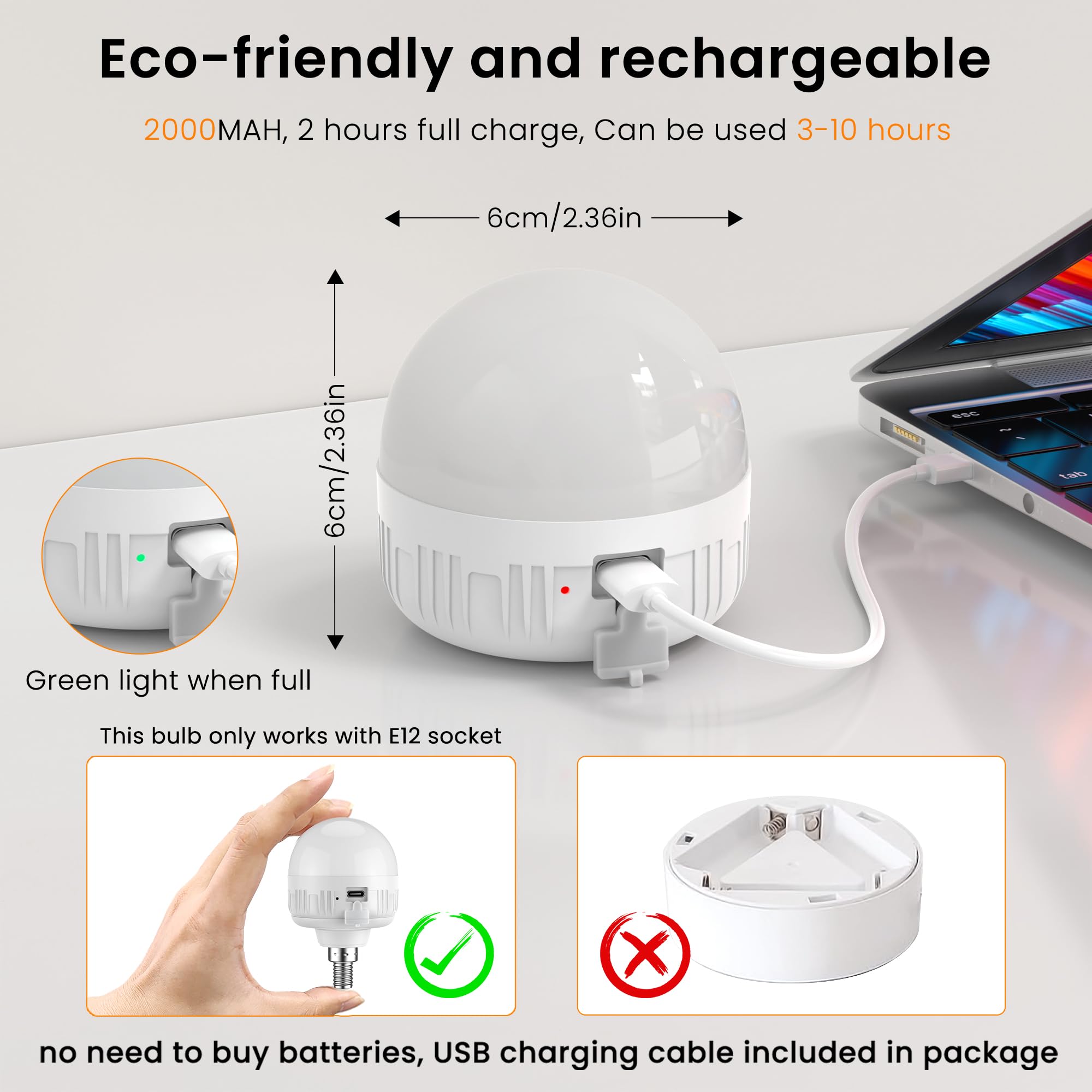 2-Pack E12 Rechargeable LED Bulbs with Remote – 5W 350LM, 3 Color Temps, Magnetic Battery Operated for Candelabra Chandeliers