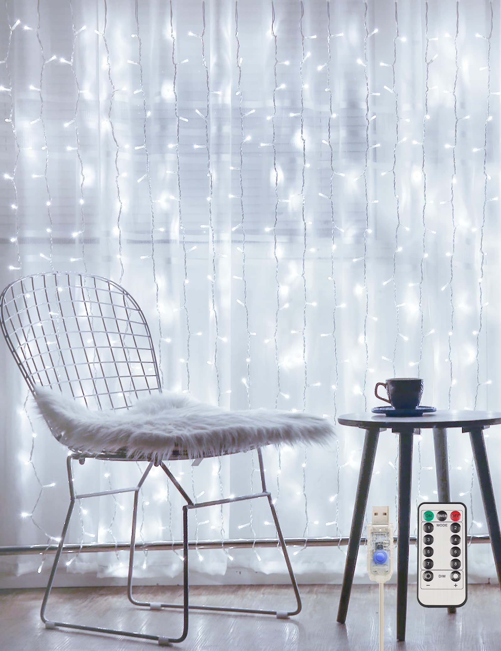 White curtain string light, 200 LED, USB plug-in with timer
