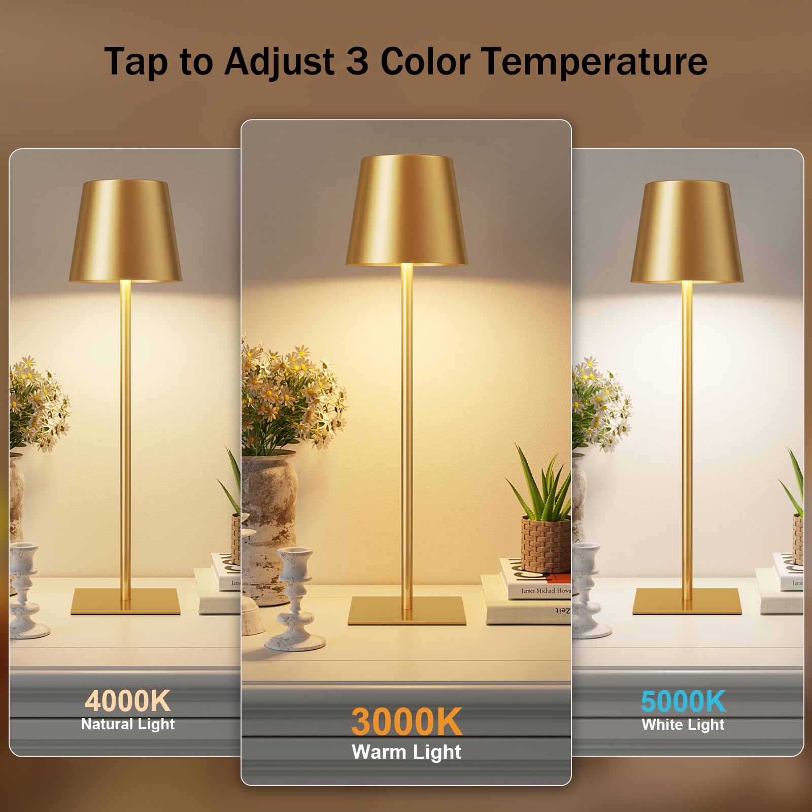 Cordless rechargeable table lamp set of 2 with touch dimming, gold