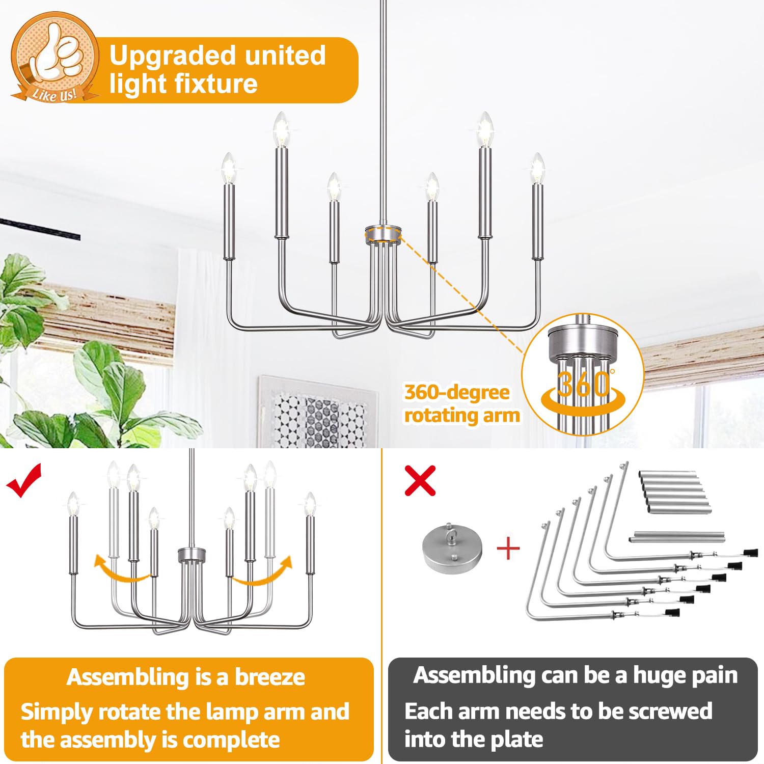 6-light brushed nickel farmhouse chandelier for dining room and hall decor