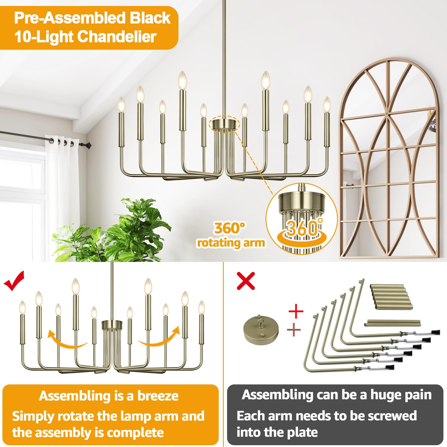 Brass 10-Light Farmhouse Candle Chandelier for Dining Room Decor