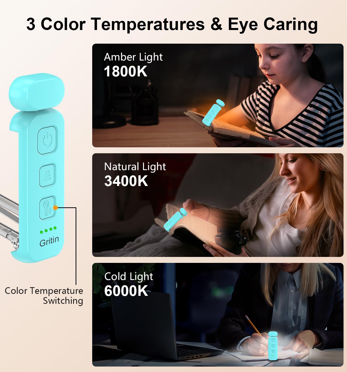 Gritin Rechargeable Reading Light – 3 Color Temperatures, 5-Level Dimmable, Eye Caring LED Clip-On for Reading in Bed (Blue)