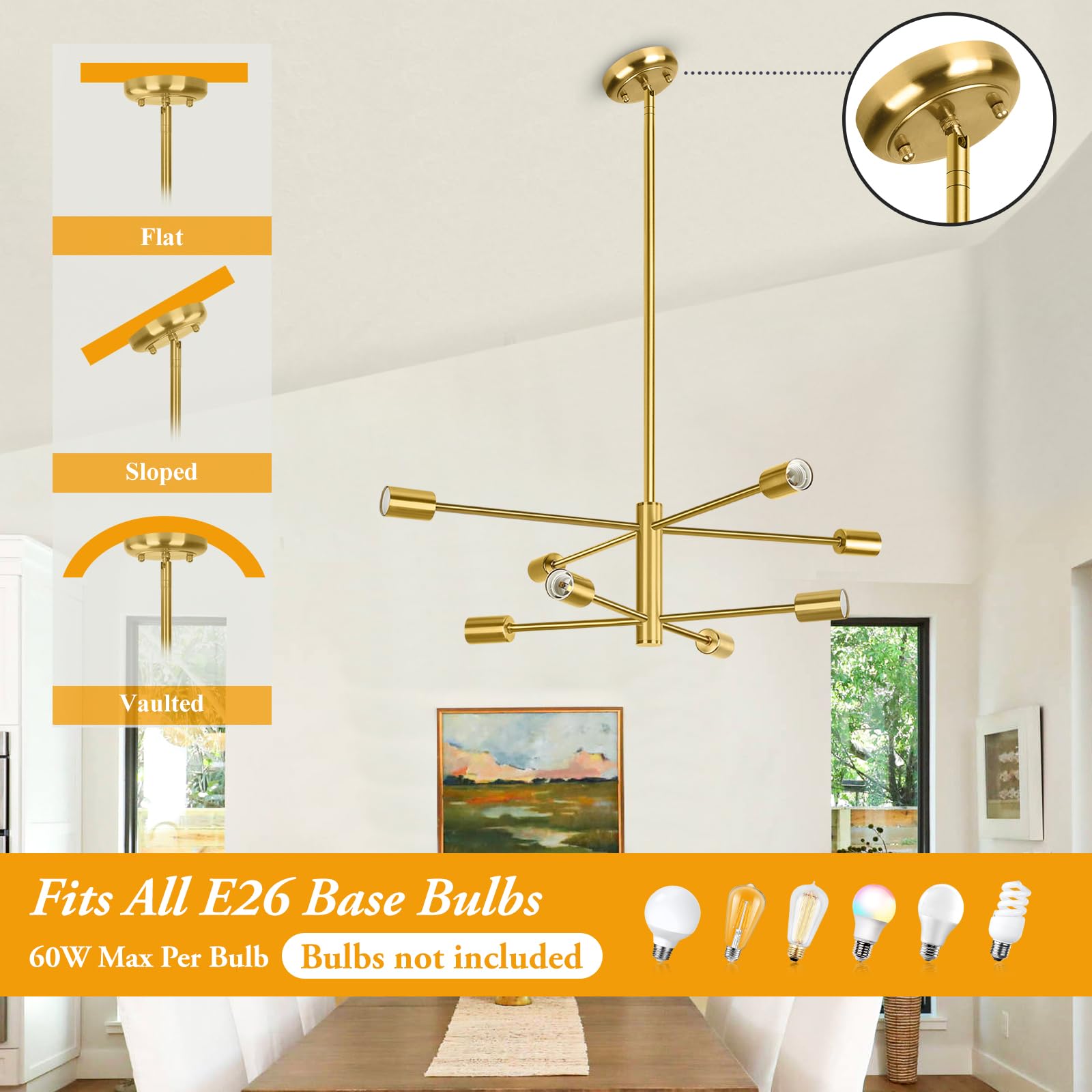 Gold 8-Light Sputnik Chandelier, Mid-Century Fixture for Home Decor