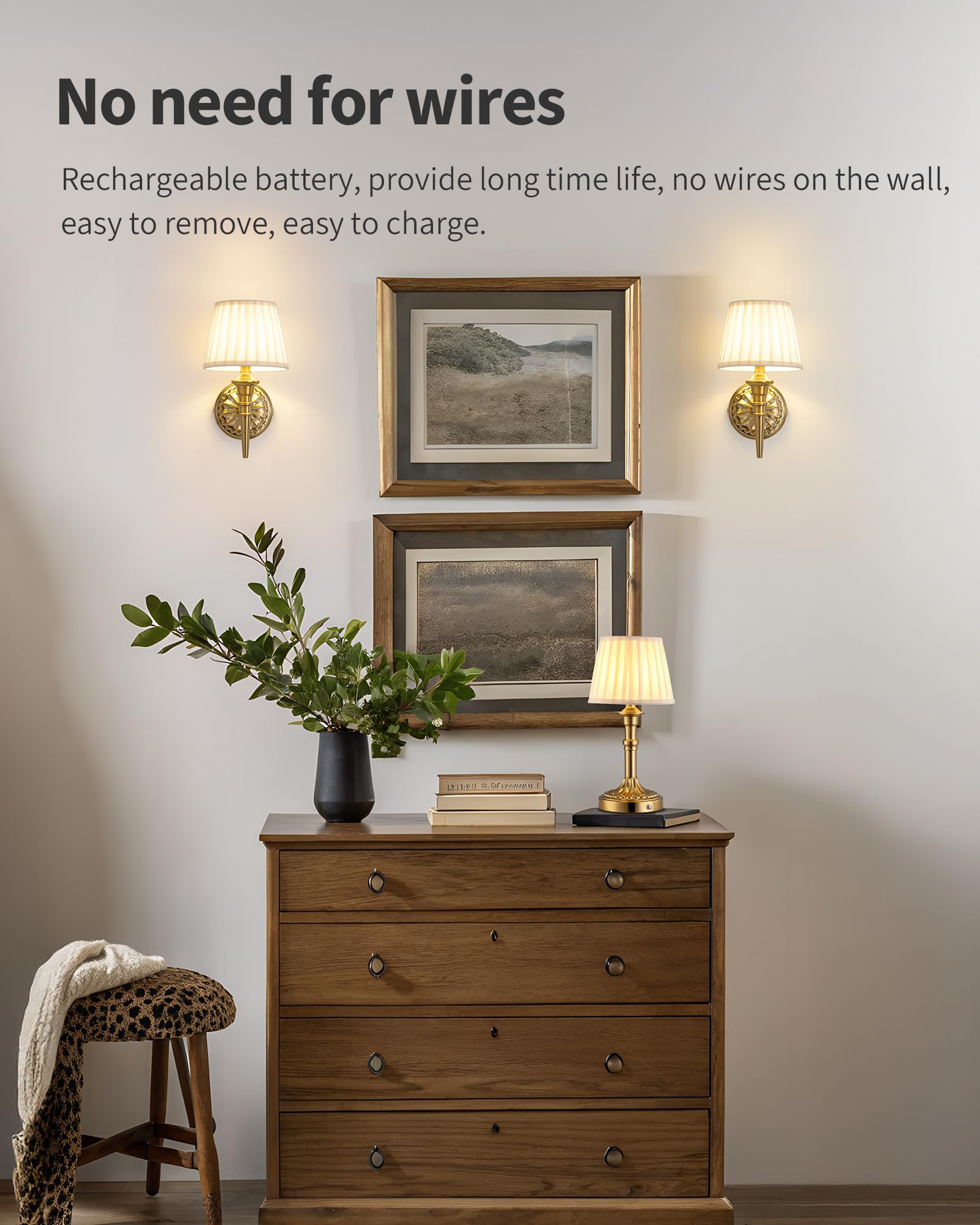 Set of 2 cordless fabric-shade wall sconces, rechargeable for decor