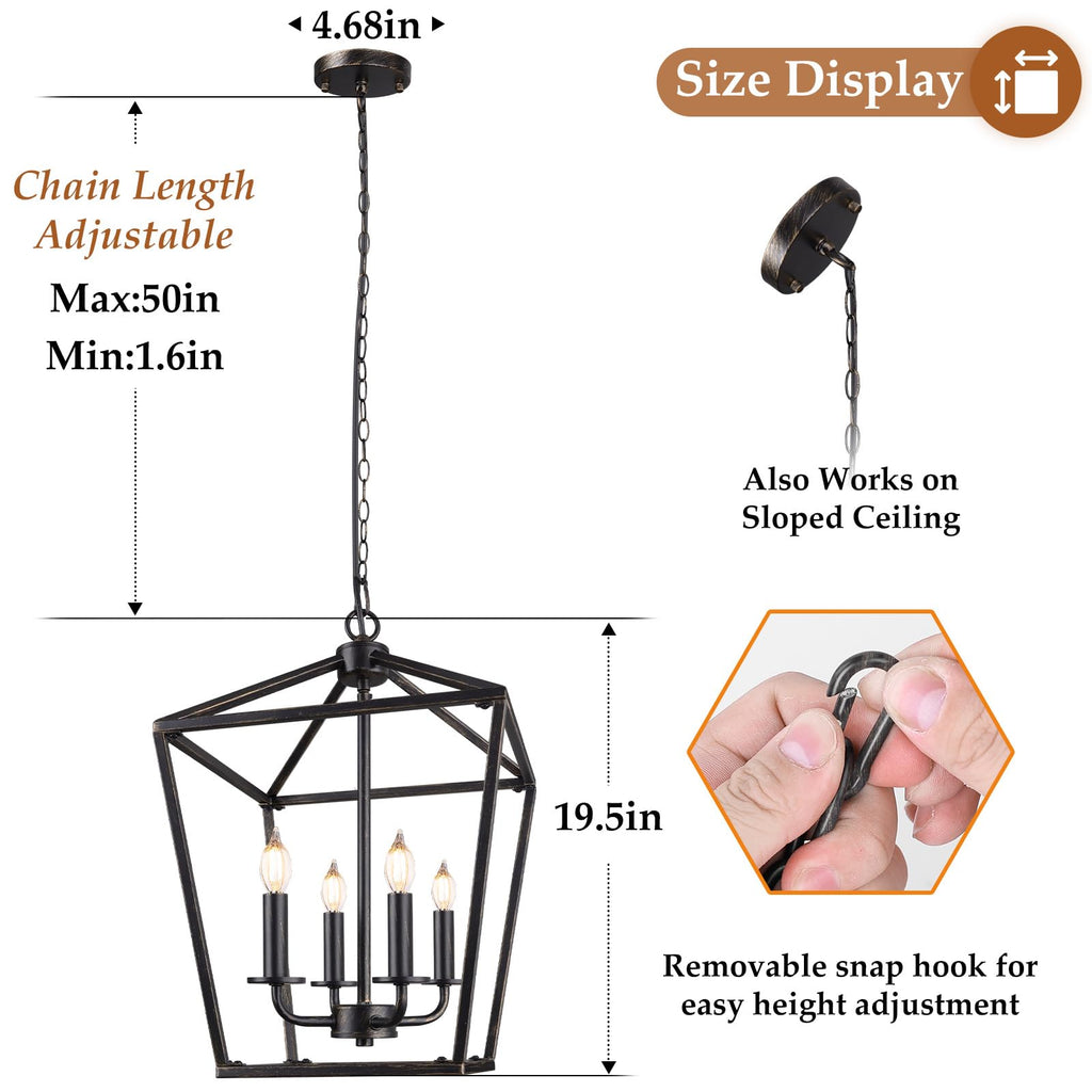 Black and Gold 4-Light Farmhouse Cage Chandelier for Kitchen Decor