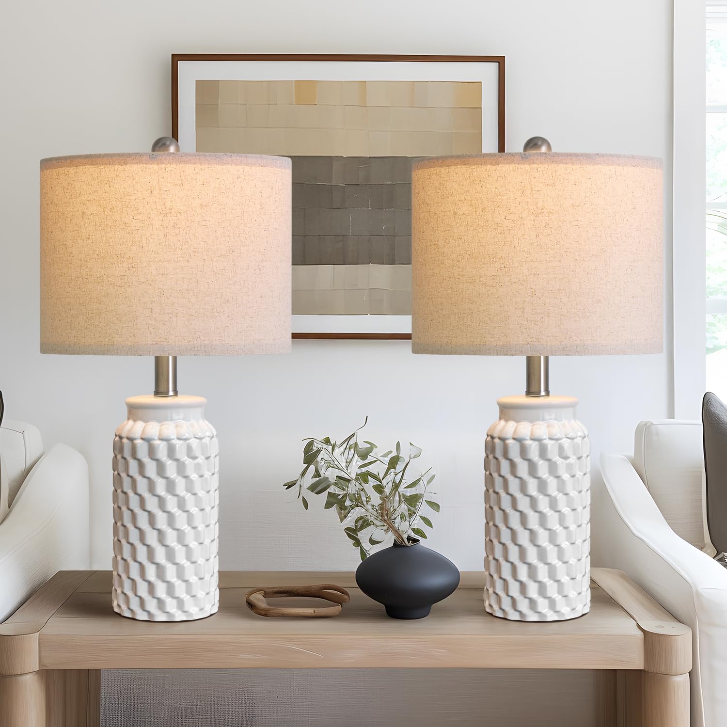 White ceramic farmhouse table lamp set of 2, 20.5-inch bedside nightstand lamp