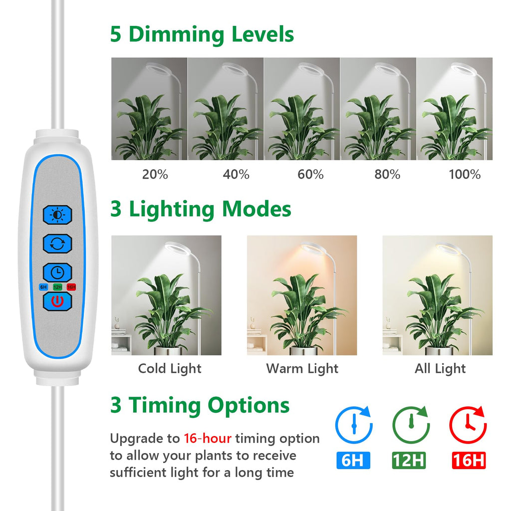 Aumtrly Floor Grow Light Full Spectrum – 68" Stand, 6/12/16H Timer, 3 Light Modes, 5 Dimming Levels for Indoor Plants