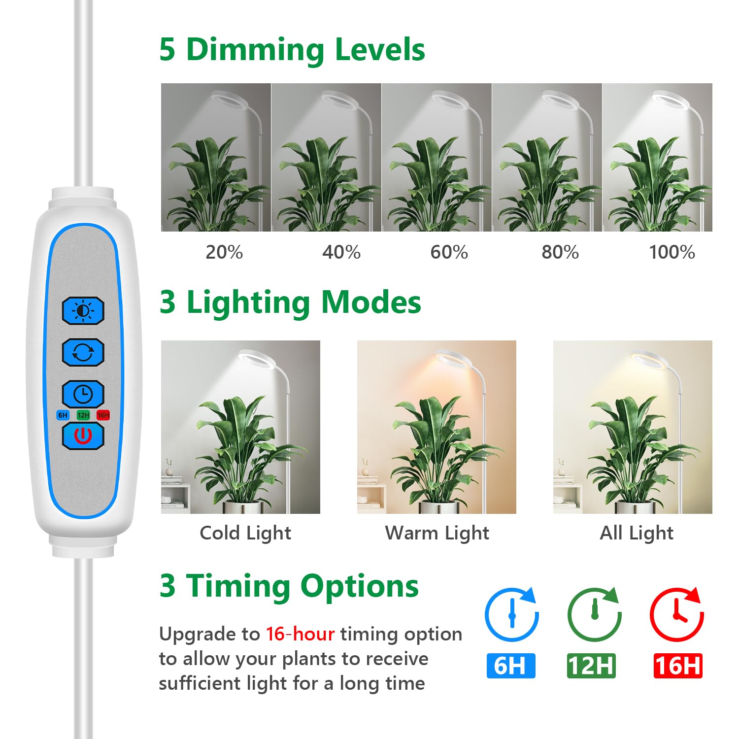 Aumtrly Floor Grow Light Full Spectrum – 68" Stand, 6/12/16H Timer, 3 Light Modes, 5 Dimming Levels for Indoor Plants