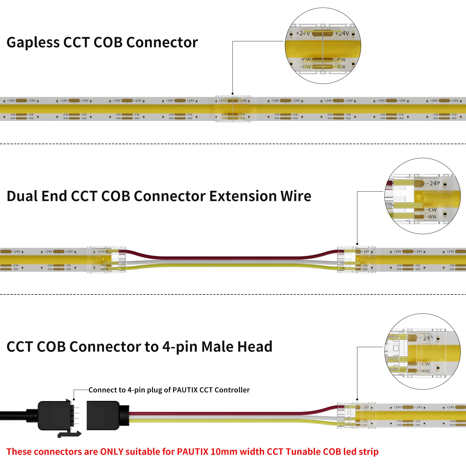 PAUTIX 10-Piece 10mm COB LED Strip Connectors – 3 Pin Solderless, Dual End Extensions, DC Plug Wires for CCT Tunable Strip Lights